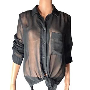 Cecio black sheer button up classic collar long sleeve blouse size Small